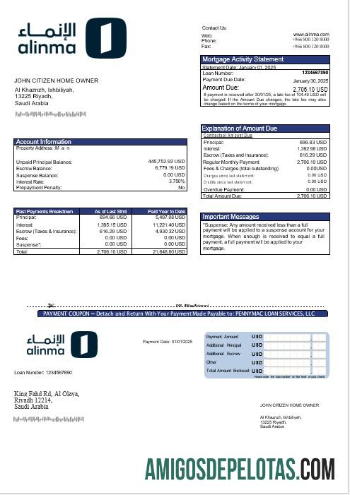 Declaração de hipoteca do Alinma Bank da Arábia Saudita em formatos Word e PDF exemplo